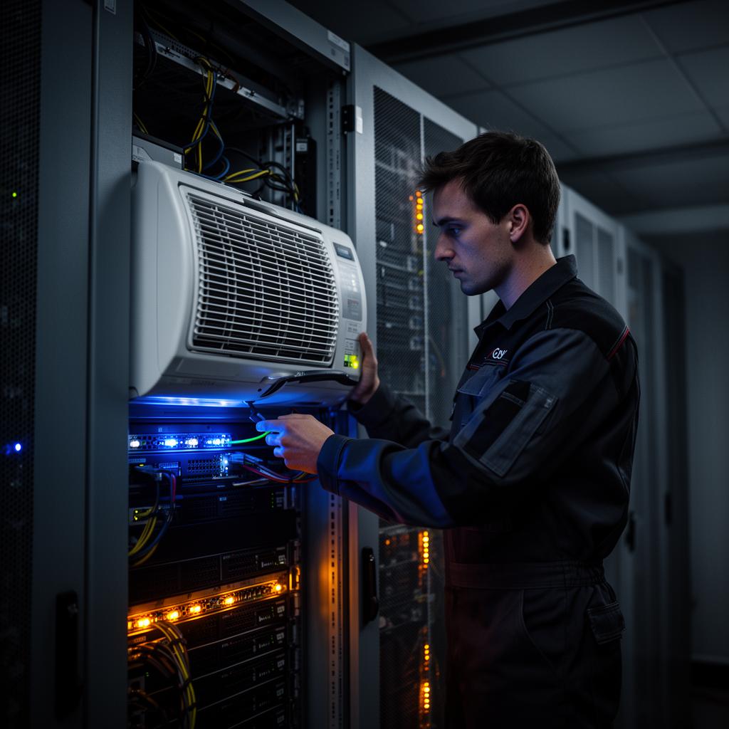 Engineer servicing close-control unit in a server room
